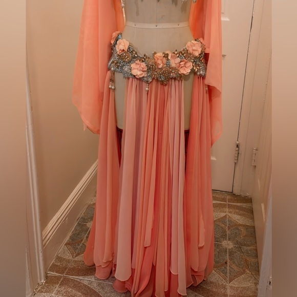 Peach 🍑 Silk Flowers Crystal Belly Dance Costume - Picture 6 of 10
